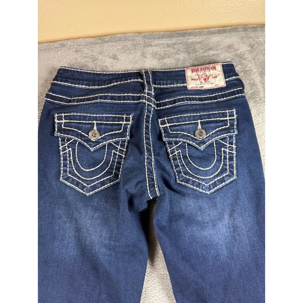 True Religion Womens 27 Skinny Jeans Dark Wash White Super T Stitch Y2K Flap